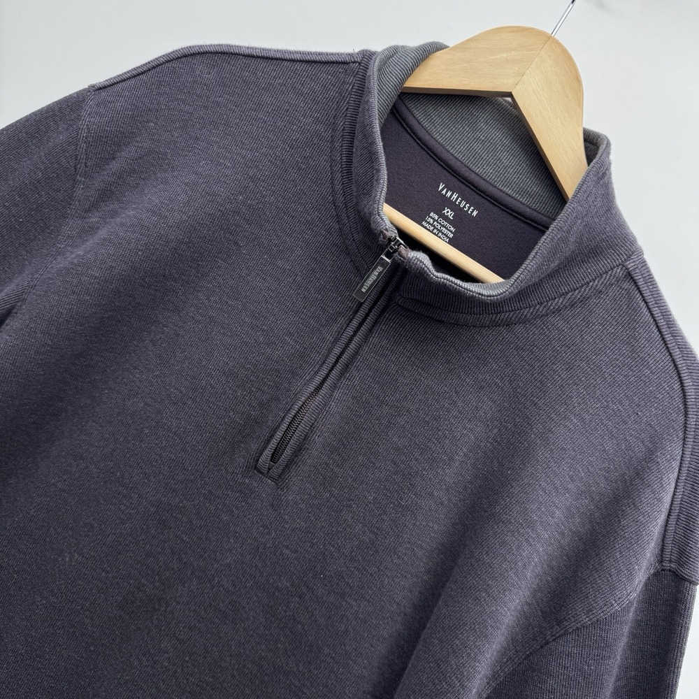 Van Heusen Men's XXL 1/4 Zip Pullover Sweatshirt Gray Cotton Blend Ribbed Trim